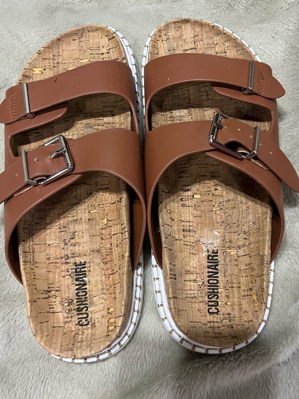 Cushionaire Cork Footbed Brown Double Buckle Slides- NWOT